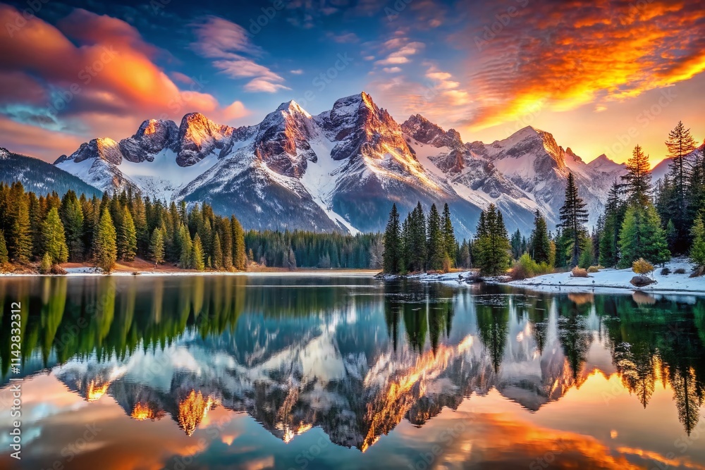Panoramic Sunrise: Snow Peak Reflection in Crystal Lake - Mountain Lake Photography Panoramic Sunrise: Snow Peak Reflection in Crystal Lake - Mountain Lake Photography