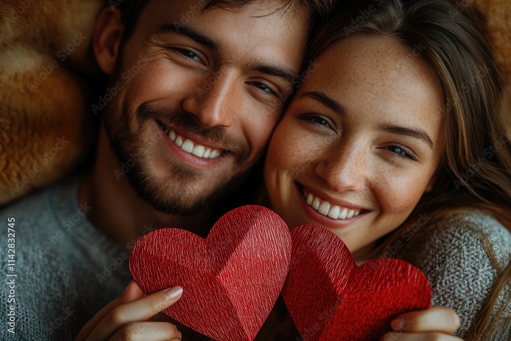 A couple embracing each other while holding a red heart, symbolizing love and affection A couple embracing each other while holding a red heart, symbolizing love and affection