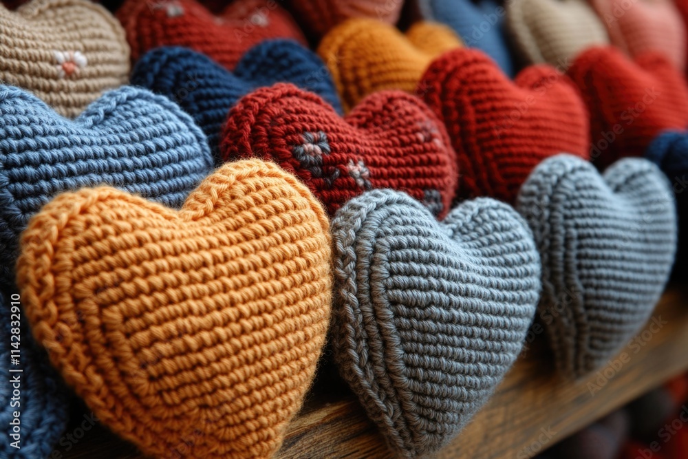 A shelf with a row of knitted hearts in various colors and sizes A shelf with a row of knitted hearts in various colors and sizes