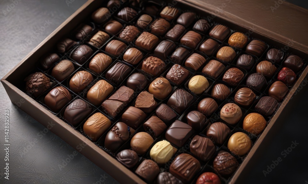 Artisan chocolates arranged in open box, studio shot, luxury confectionery, chocolate pieces