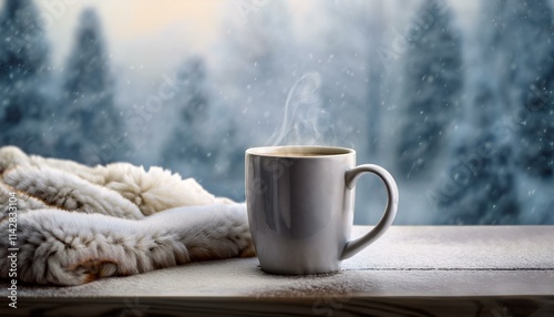 Scene with a mug full of warm coffee and a small blanket on a table on a cold winter day with falling snow visible through a window photo