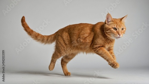 Energetic orange tabby cat jumping in mid-air against a light gray background