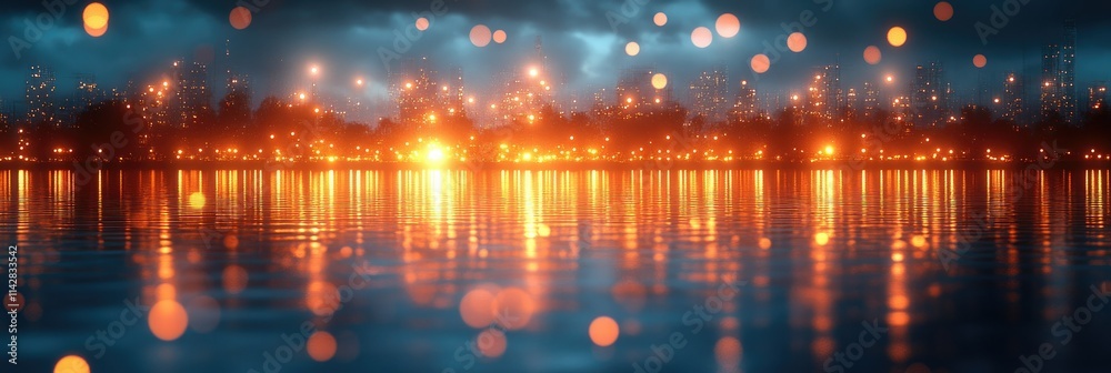 Naklejka premium A serene nighttime landscape with glowing reflections on water and atmospheric lights.