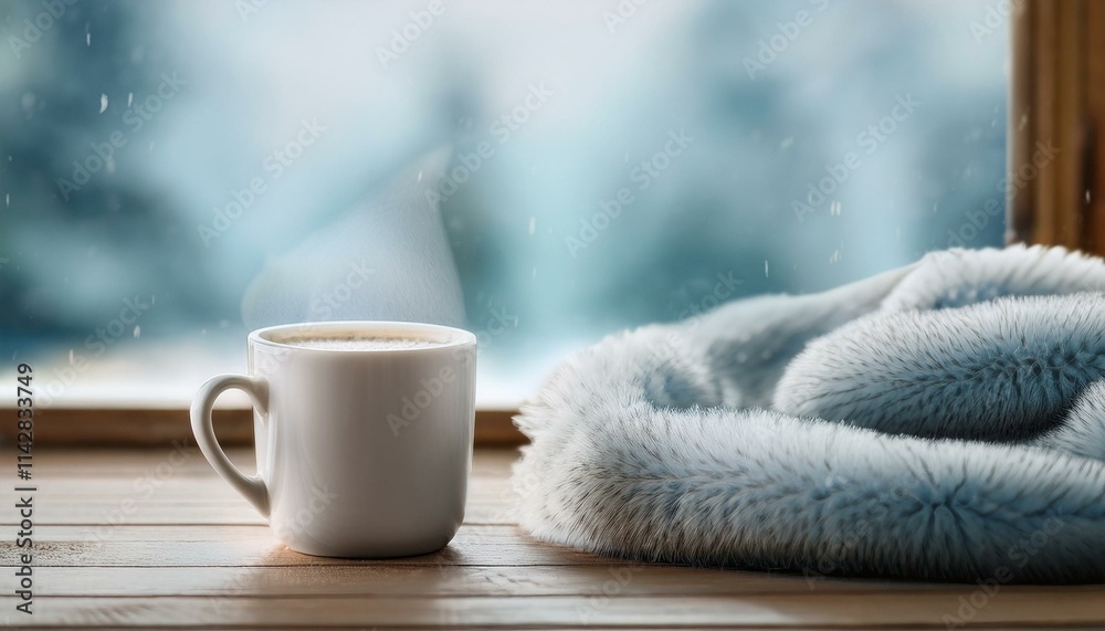 Scene with a mug full of warm coffee and a small blanket on a table on a cold winter day with falling snow visible through a window Scene with a mug full of warm coffee and a small blanket on a table on a cold winter day with falling snow visible through a window