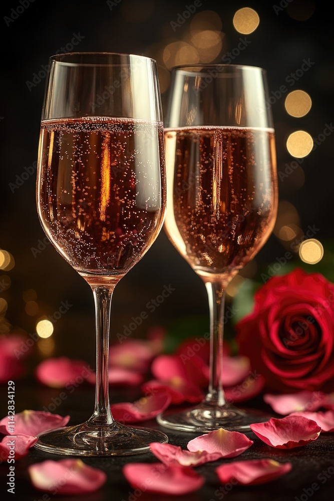 A romantic setup with two glasses of wine and rose petals on a table, ideal for a cozy evening or special occasion A romantic setup with two glasses of wine and rose petals on a table, ideal for a cozy evening or special occasion