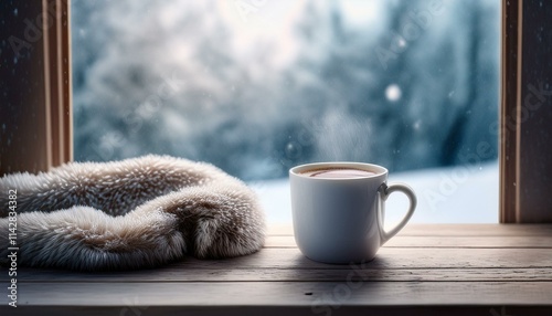 Scene with a mug full of warm coffee and a small blanket on a table on a cold winter day with falling snow visible through a window photo