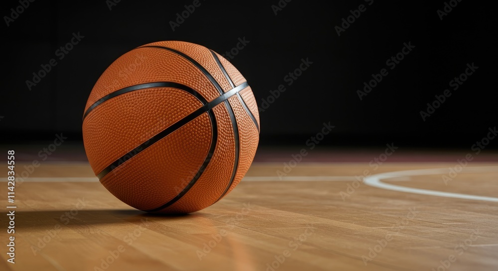 Orange basketball on wooden court under indoor lighting Orange basketball on wooden court under indoor lighting
