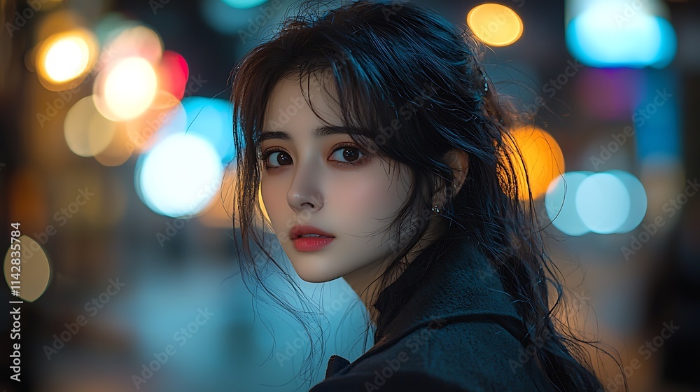 at night, a beautiful woman with long chinese hair, wearing a black shirt and coat, standing on the street, there are lights. head up slightly, sad face, side photo, high definition real photoing. at night, a beautiful woman with long chinese hair, wearing a black shirt and coat, standing on the street, there are lights. head up slightly, sad face, side photo, high definition real photoing.