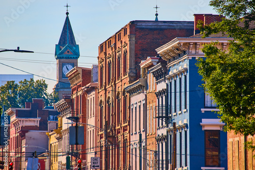Colorful Historic Buildings and Clock Tower in Cincinnati Street View