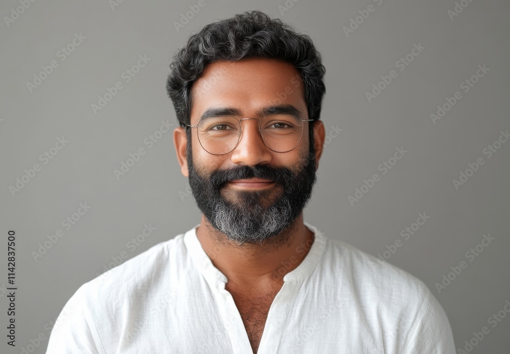 Smiling man with curly hair and beard wearing glasses, showcasing a warm and approachable expression against a neutral background, ideal for stock photography needs Smiling man with curly hair and beard wearing glasses, showcasing a warm and approachable expression against a neutral background, ideal for stock photography needs