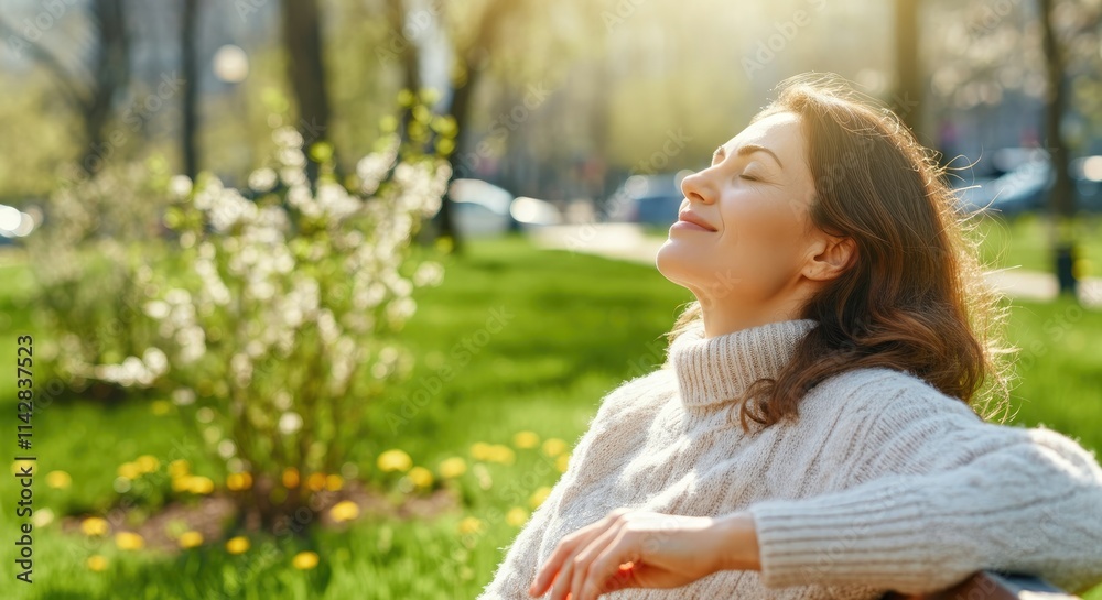 Young White woman enjoying sunny day in park, feeling relaxed and peaceful Young White woman enjoying sunny day in park, feeling relaxed and peaceful
