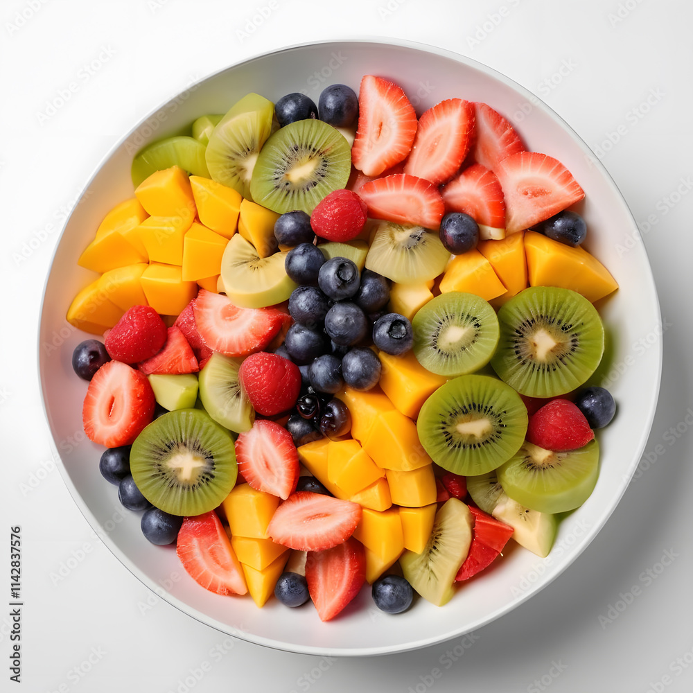 A bowl of Fruit salad including blueberries, and kiwi on a white background,top angle shot A bowl of Fruit salad including blueberries, and kiwi on a white background,top angle shot