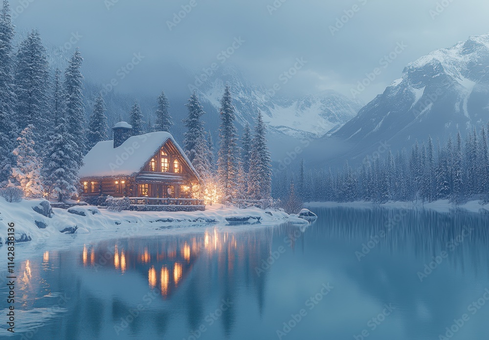 Obraz premium Tranquil Winter Cabin by a Frozen Lake Surrounded by Snow-Capped Mountains and Lush Pine Forest under a Soft Misty Sky at Dusk