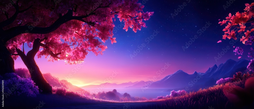 A serene landscape featuring a vibrant sunset, lush pink trees, and distant mountains, creating a peaceful and dreamy atmosphere. A serene landscape featuring a vibrant sunset, lush pink trees, and distant mountains, creating a peaceful and dreamy atmosphere.