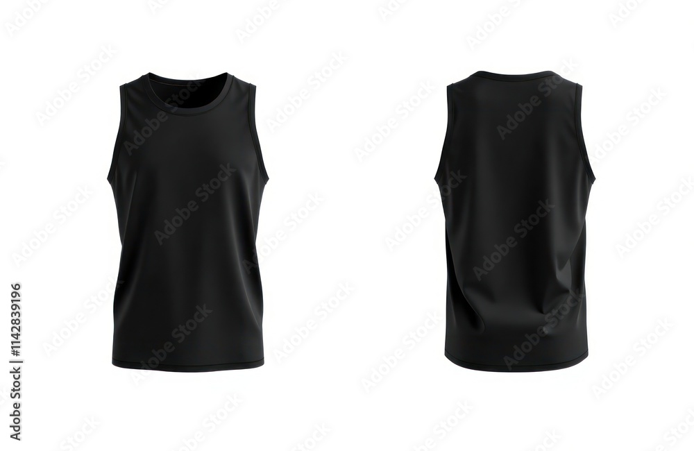 Black sleeveless tank top for active sports. Blank garment. Front and back views. Versatile design suitable for various sports. Lightweight and breathable. Casual attire or sportswear. Black sleeveless tank top for active sports. Blank garment. Front and back views. Versatile design suitable for various sports. Lightweight and breathable. Casual attire or sportswear.