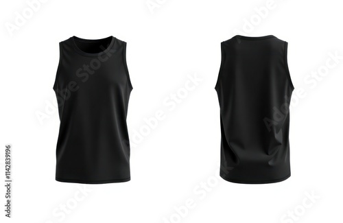 Black sleeveless tank top for active sports. Blank garment. Front and back views. Versatile design suitable for various sports. Lightweight and breathable. Casual attire or sportswear.