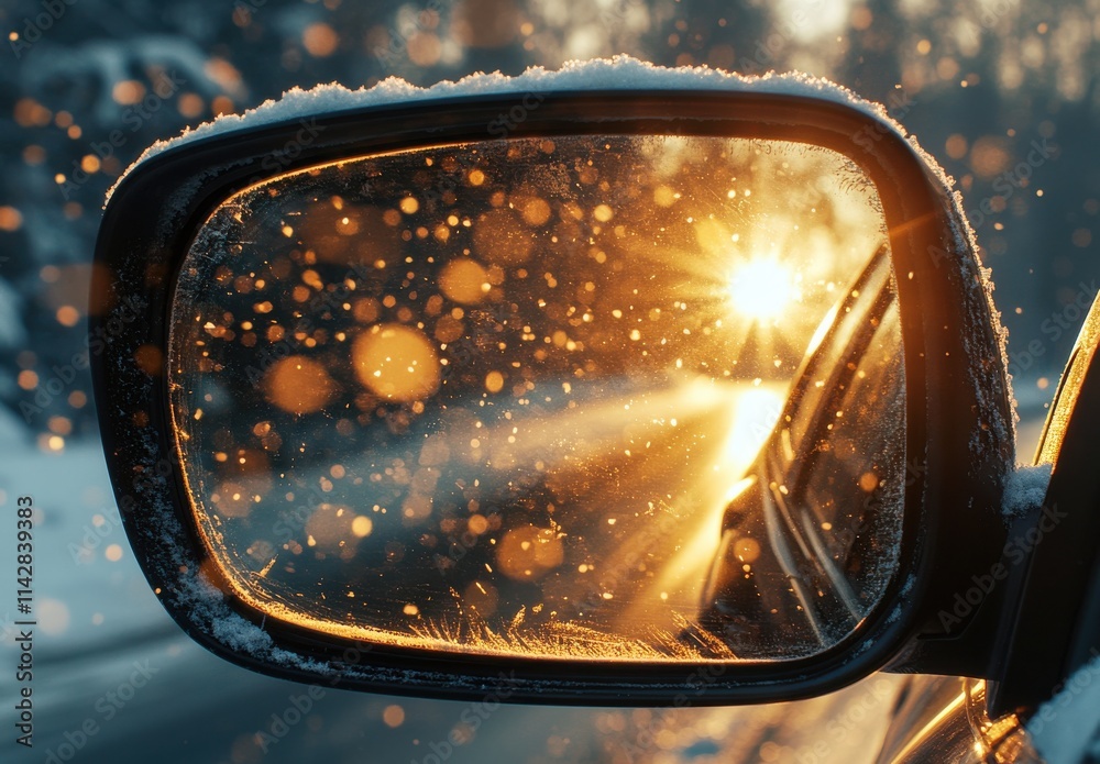 Winter Sunset Reflected in a Car Side Mirror with Snowflakes and Bokeh Highlights Creating a Cozy and Adventurous Atmosphere
