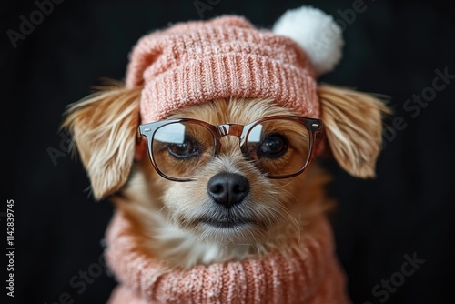 A small dog wearing a pink hat and glasses, perfect for illustrations or advertisements photo