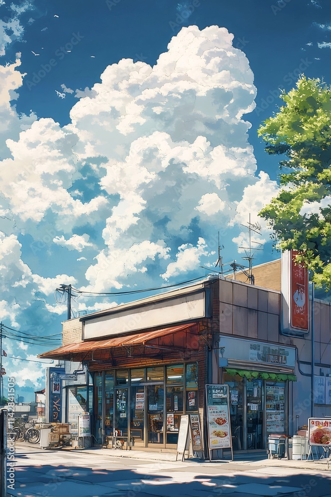 Sunny day street scene with a small shop and fluffy clouds. Sunny day street scene with a small shop and fluffy clouds.