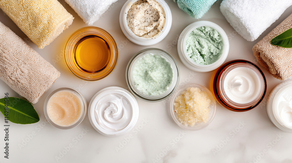 Variety of facial masks and serums displayed on counter in spa relaxing atmosphere Variety of facial masks and serums displayed on counter in spa relaxing atmosphere