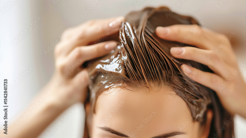 Naklejka premium Home hair care woman applying nourishing mask in cozy indoor environment