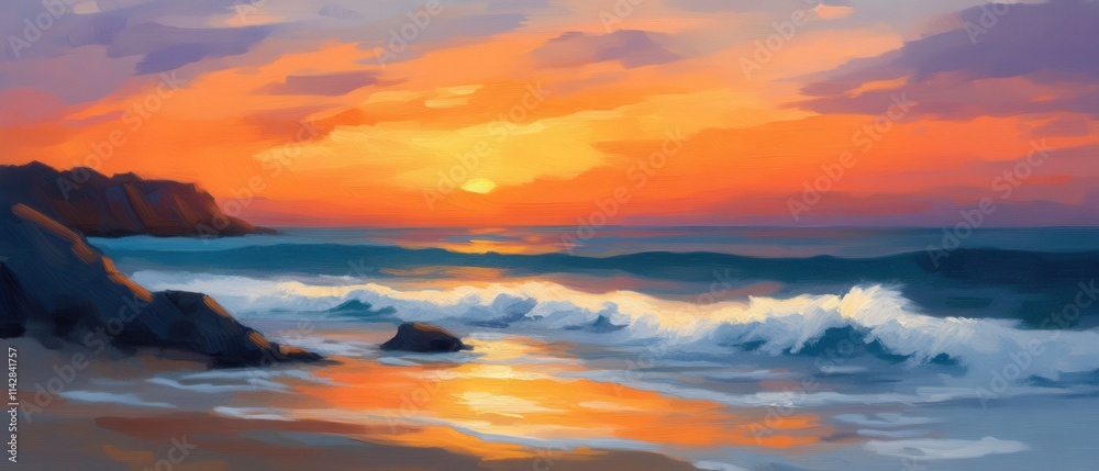 A serene sunset over the ocean, with vibrant colors reflecting on the water and gentle waves lapping at the shore. A serene sunset over the ocean, with vibrant colors reflecting on the water and gentle waves lapping at the shore.
