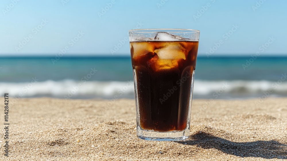 Iced Cola Drink on Sunny Beachside with Clear Blue Sky