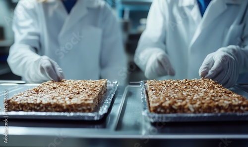 Workers in white lab coats and gloves preparing trays of baked goods or nut-covered confectionery in a sterile food production environment. photo