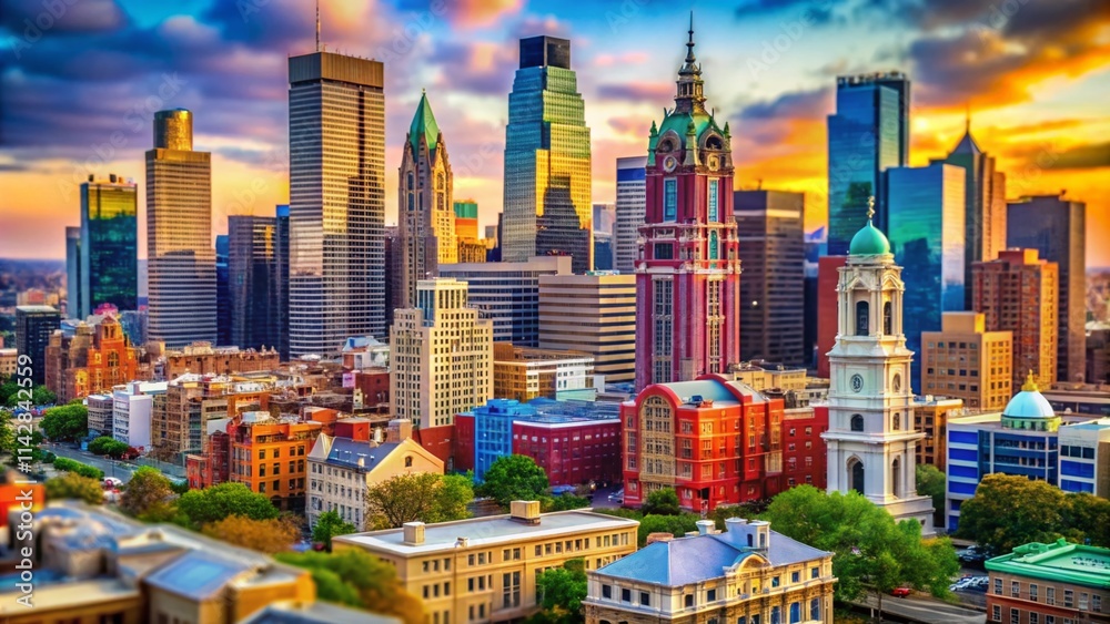 Fototapeta premium Philadelphia Skyline Panorama, Vibrant Cityscape, Colorful Macro Photography, USA, Urban Landscape, Detailed Architecture