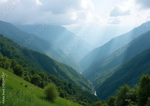 serene views misty mountains surrounded lush greenery rolling hills create breathtaking natural