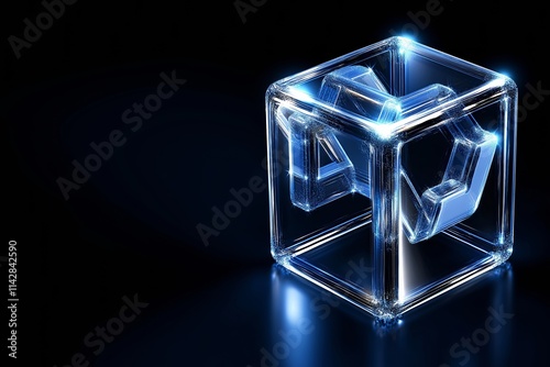 Futuristic Transparent Cube with Glowing Blue Elements. Abstract 3D Structure Symbolizing Technology, Innovation, and Digital Connection on a Dark Background. AI generated