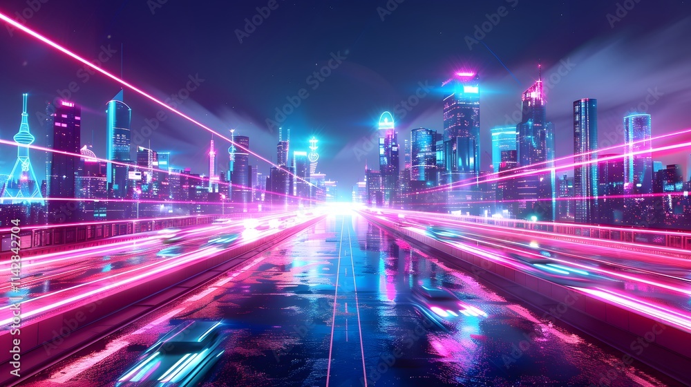 A futuristic cityscape with neon lights and glowing roads. A futuristic cityscape with neon lights and glowing roads.