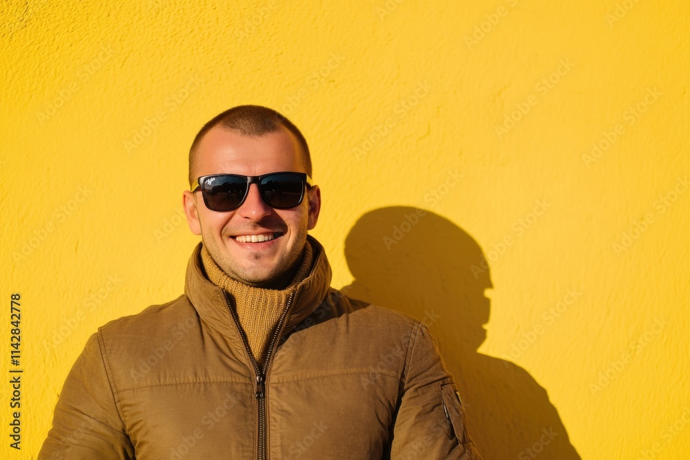 A person wearing sunglasses stands in front of a bright yellow background, ready for action or relaxation A person wearing sunglasses stands in front of a bright yellow background, ready for action or relaxation