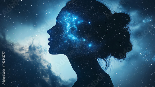 Cosmic Mind: A silhouette of a woman's profile, bathed in the ethereal glow of a cosmic nebula, evokes a sense of wonder and limitless potential. photo