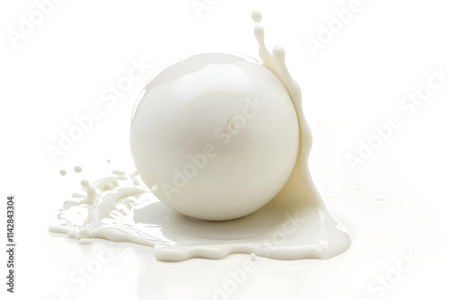 Vanilla ice cream ball scoop with milky splash with drops isolated on white background	 photo