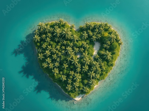 Heart-shaped island, lush tropical vegetation, turquoise water, blue,ocean,plants