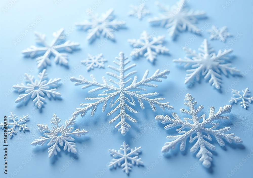 snowflakes appear intricate designs white blue surfaces showcasing natural symmetry uniqueness subtle detail snowflakes appear intricate designs white blue surfaces showcasing natural symmetry uniqueness subtle detail