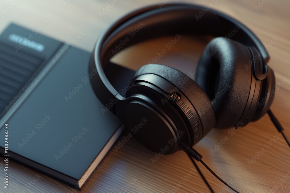 A pair of headphones sits next to a laptop, ready for use A pair of headphones sits next to a laptop, ready for use