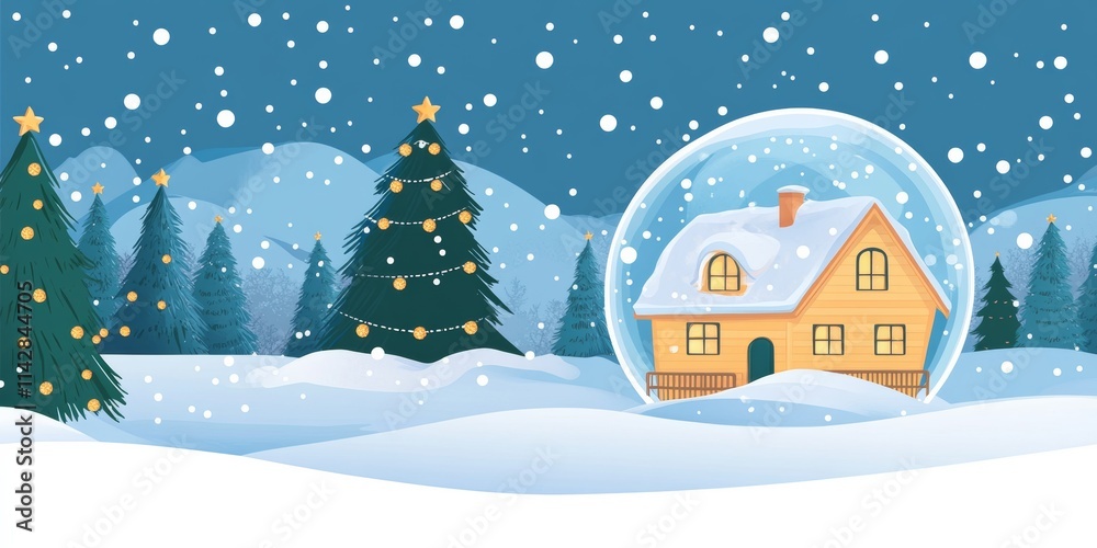Fototapeta premium Christmas and New Year Banner: Shimmering Crystal Snow Globe with Festive House and Fir Tree in a Winter Wonderland