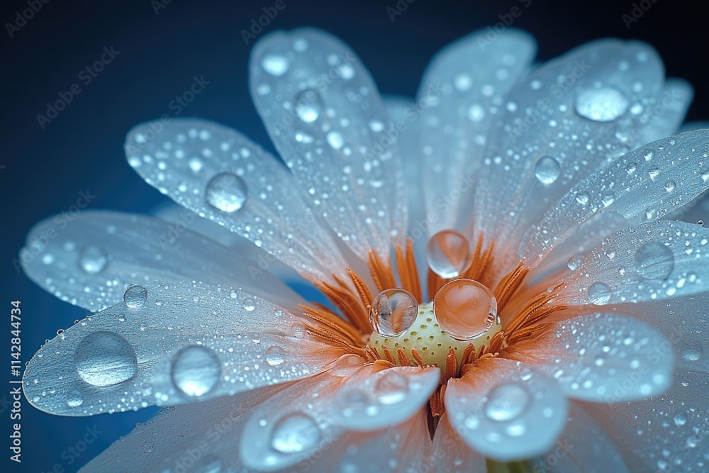 A detailed view of a flower with water droplets glistening on its petals, perfect for use in beauty, nature, or scientific illustrations A detailed view of a flower with water droplets glistening on its petals, perfect for use in beauty, nature, or scientific illustrations