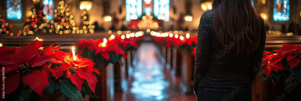 A serene view of a church decorated for Christmas with poinsettias and soft lighting. A serene view of a church decorated for Christmas with poinsettias and soft lighting.
