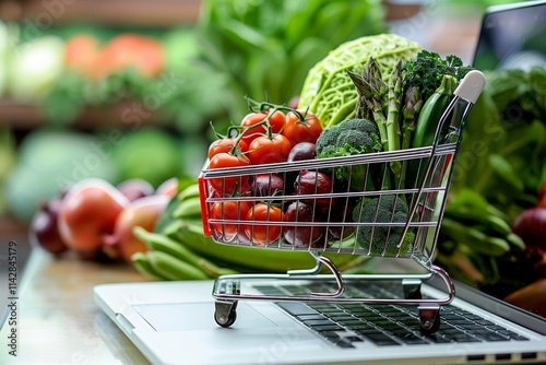 A mini cart of veggies on a laptop symbolizes convenient online grocery shopping