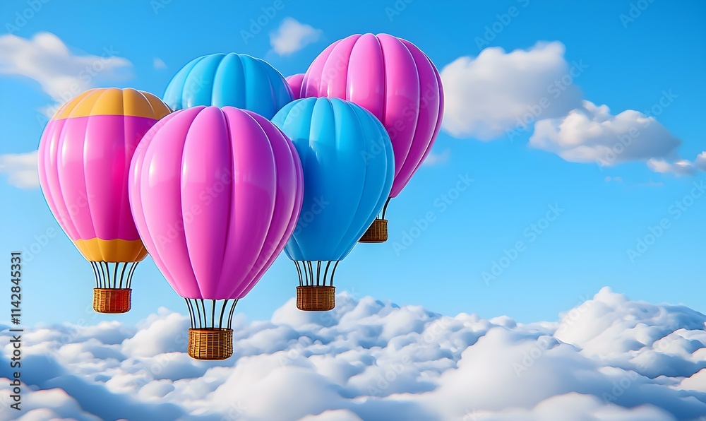 Fototapeta premium Colorful hot air balloons floating above fluffy white clouds