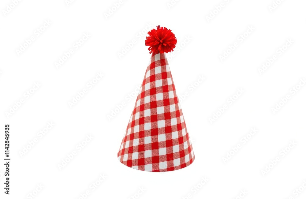 Red, white checked party hat with red pom-pom. Festive party accessory for celebrations. Ideal for birthday special event. Simple design. Classic party hat. Fun, cheerful. Perfect for festive Red, white checked party hat with red pom-pom. Festive party accessory for celebrations. Ideal for birthday special event. Simple design. Classic party hat. Fun, cheerful. Perfect for festive