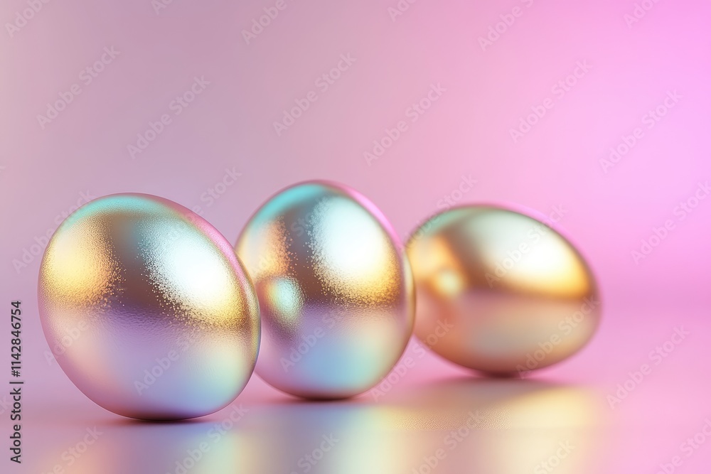 3D - rendered Easter eggs with metallic finishes on a glowing gradient backdrop 3D - rendered Easter eggs with metallic finishes on a glowing gradient backdrop