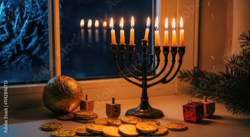 Lit menorah by window with dreidels, chocolate coins, and decorations in festive setting photo