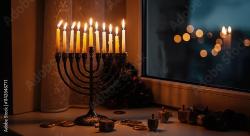 Lit menorah on windowsill with dreidels and coins, night scene photo