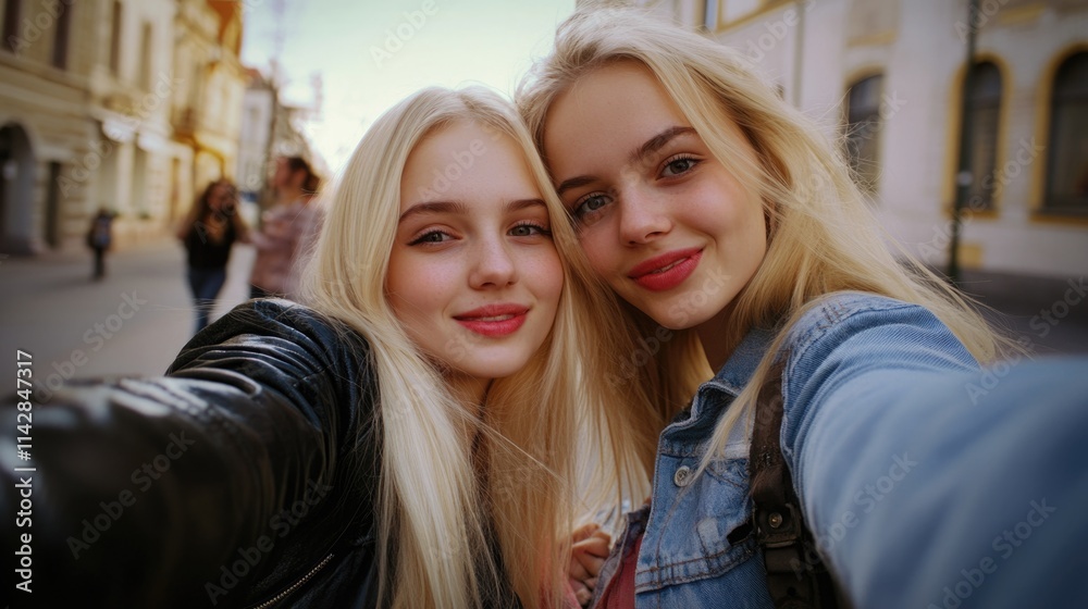 Two women taking a photo of themselves on a busy city street Two women taking a photo of themselves on a busy city street