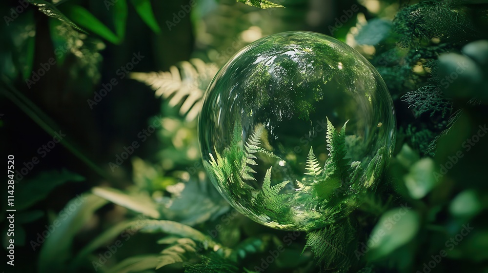 glass globe surrounded by lush forest flora, symbolizing environmental sustainability and climate change awareness, with vibrant greens and earthy tones highlighting nature's beauty glass globe surrounded by lush forest flora, symbolizing environmental sustainability and climate change awareness, with vibrant greens and earthy tones highlighting nature's beauty