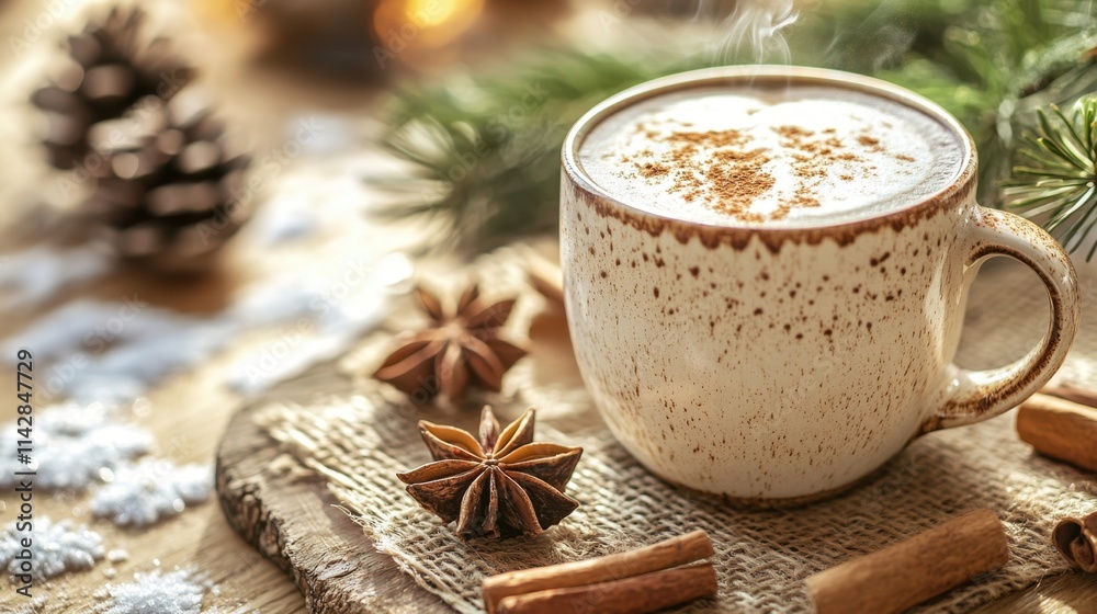 Steaming latte in handmade mug, artistic foam design, holiday spices, rustic kitchen counter, morning glow, cozy ambiance, snow-covered background, wooden table setting Steaming latte in handmade mug, artistic foam design, holiday spices, rustic kitchen counter, morning glow, cozy ambiance, snow-covered background, wooden table setting